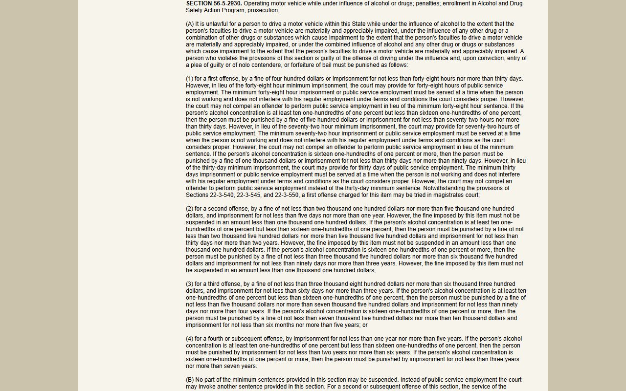 South Carolina DUI Records ignition interlock device requirements statute 56-5-2941